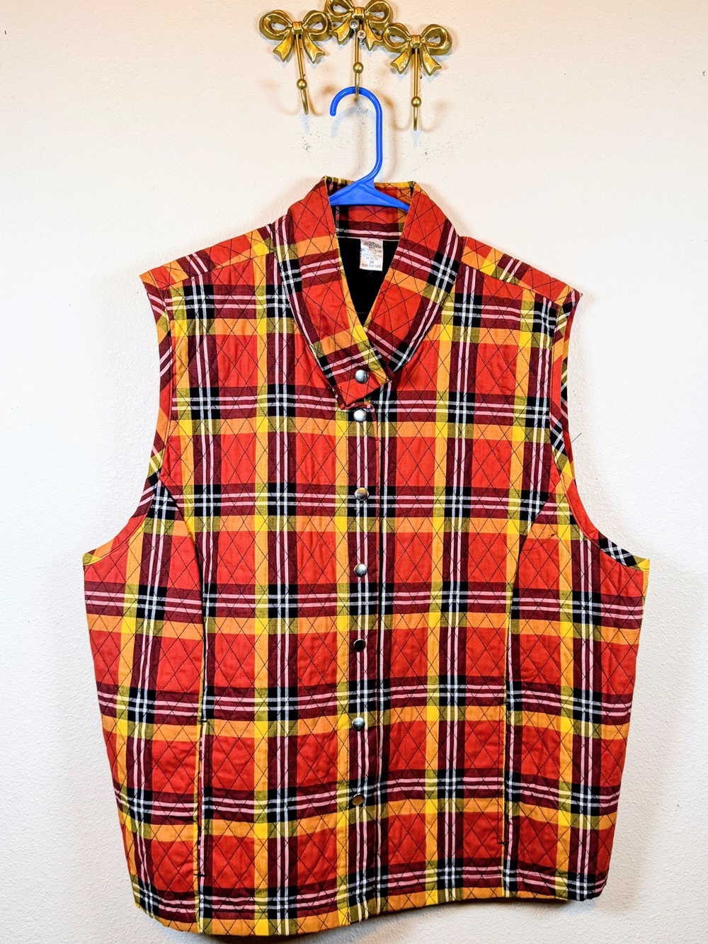 Rebecca Malone Y2K Vintage Colored Quilted Plaid Snap Vest w/Collar. Size 3X